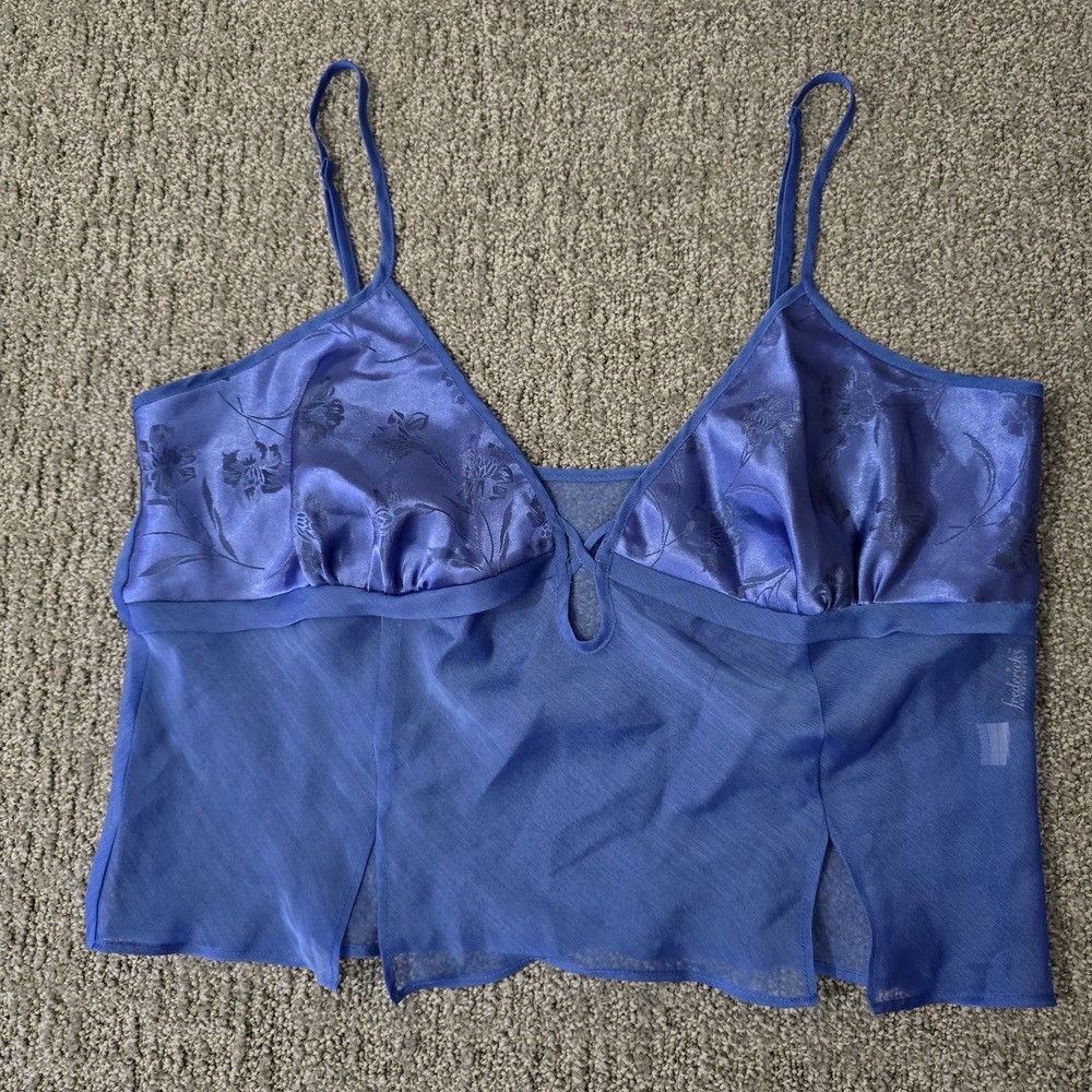Frederick's of Hollywood Blue Satin Mesh Cami Top Floral Y2K Coquette S M
